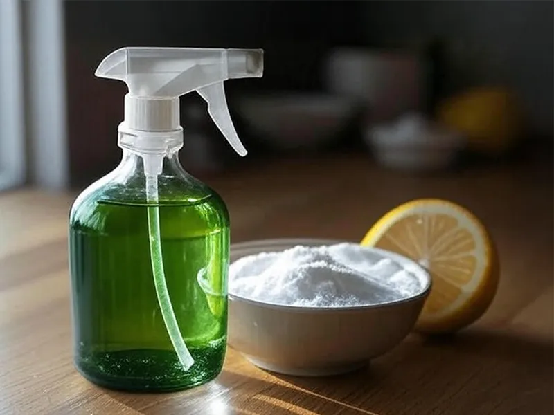 Spray-Bottle-Vinegar Glass spray bottle with natural cleaning products like vinegar, baking soda, and lemon on a kitchen counter.