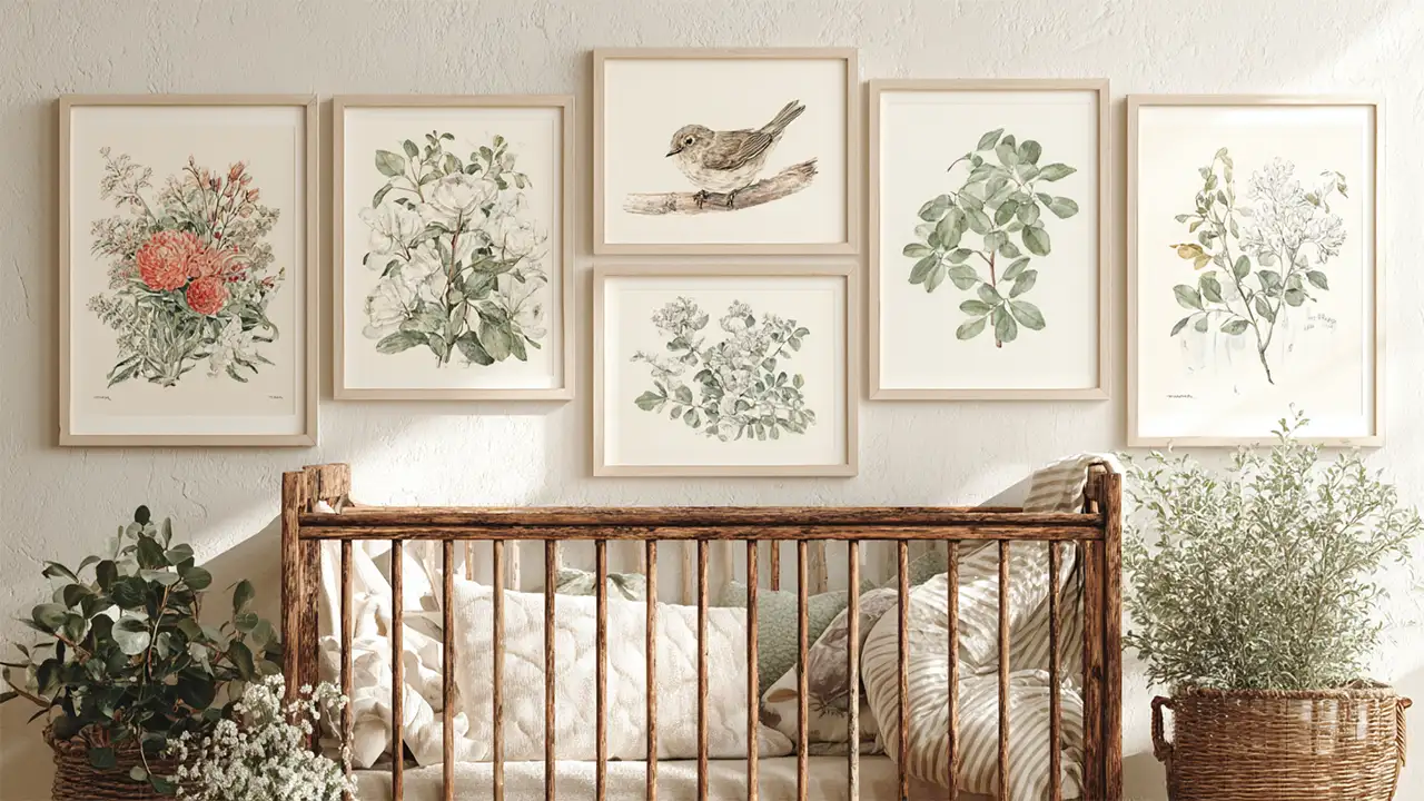 Cozy nursery with a wooden crib and botanical wall art, featuring essential baby products like a co-sleeping bassinet setup for 2025.