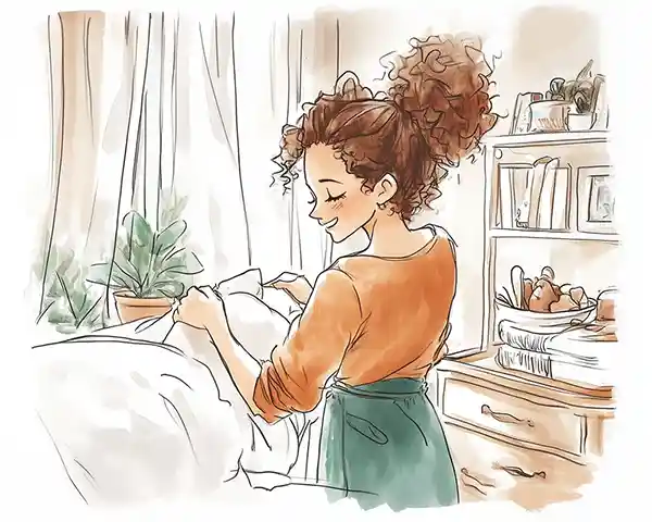 A watercolor illustration of a person with curly hair tied up in a bun, wearing an orange top and green skirt, folding white fabric on a bed. The cozy room features a potted plant near a window with sheer curtains, a wooden dresser, and a shelf with books and decor in the background.
